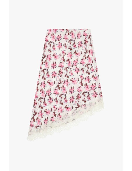 Asymmetrische midi-rok met bloemenprint en kanten zoom Dixie