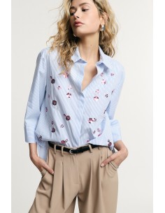 Chemise rayée avec fleurs brodées et manches 3/4 Please