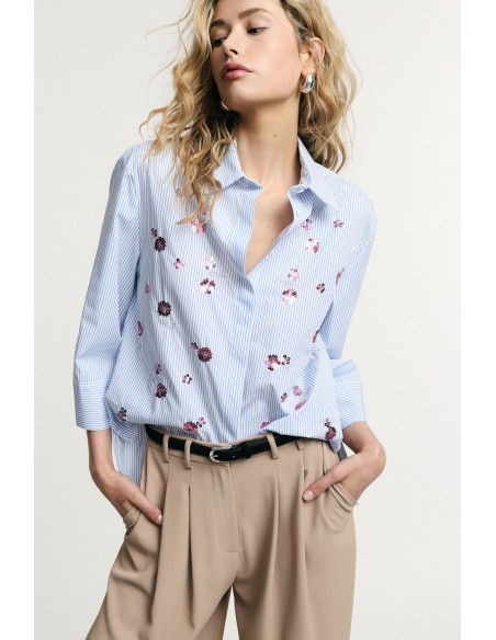 Chemise rayée avec fleurs brodées et manches 3/4 Please