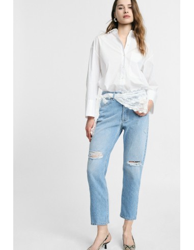 Mom-fit jeans met hoge taille, scheuren en kant Please