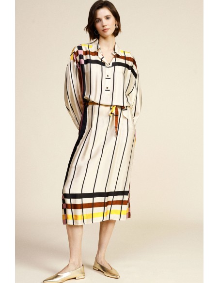 Robe mi-longue rayée avec ceinture et encolure Dixie classique