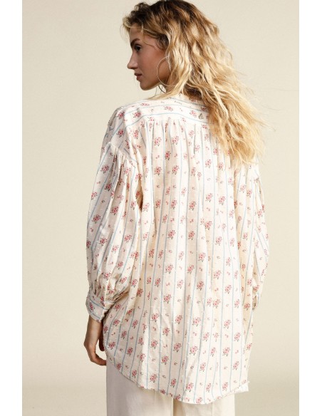 Ruimvallend bloesje met bloemenmotief en opstaande kraag Dixie