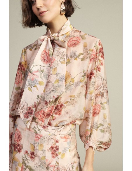 Blouse à imprimé floral, col à nœud, manches longues Dixie