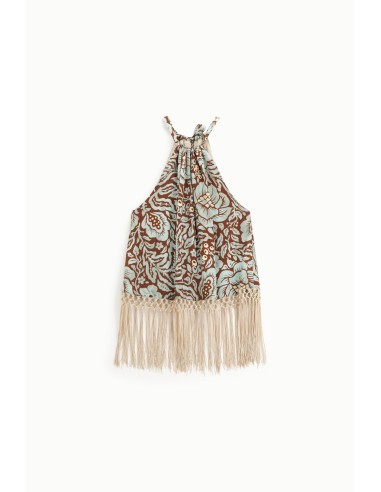 Dixie-top met halterhals, bloemenprint en lange franjes