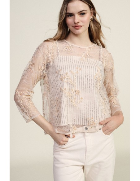 Top avec broderie florale et manches 3/4 Dixie